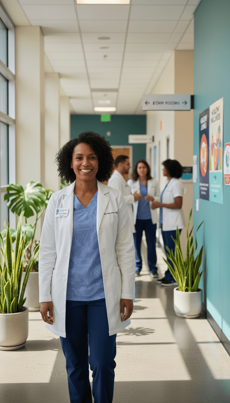 Professional community health worker standing confidently in modern clinic hallway with welcoming environment